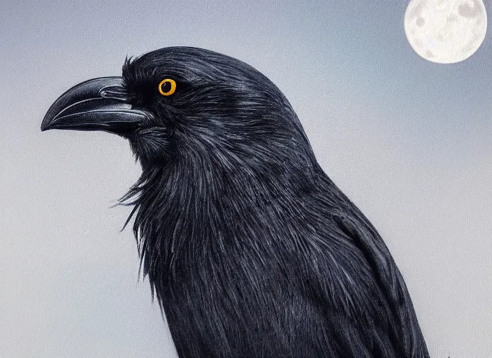 Image similar to a hyper-detailed oil portrait of a crow on a tree in front of the full big moon; an extraordinary masterpiece!!!; flawless; proud posture; photorealistic eyes; trending on artstation; f/1.4; 90mm