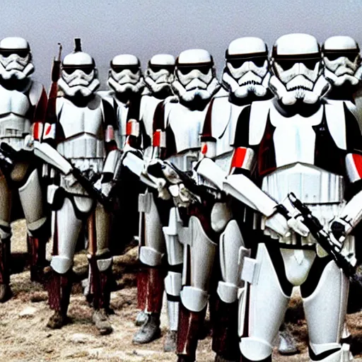 Prompt: star wars clone troopers offer aid to soldiers in vietnam, photo, old picture, lush landscape, field, firearms, war, bombs, explosions, x - wings, tie fighters, aerial combat, active battle zone, in trenches, star wars droid battle, jedi master, land mines, gunfire, grenades, violence