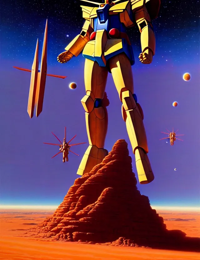 Prompt: a giant statue of jesus gundam in the desert in space, tim hildebrandt, wayne barlowe, bruce pennington, donato giancola, trending on artstation, cinematic composition, beautiful lighting, hyper detailed, 8 k, oil on canvas