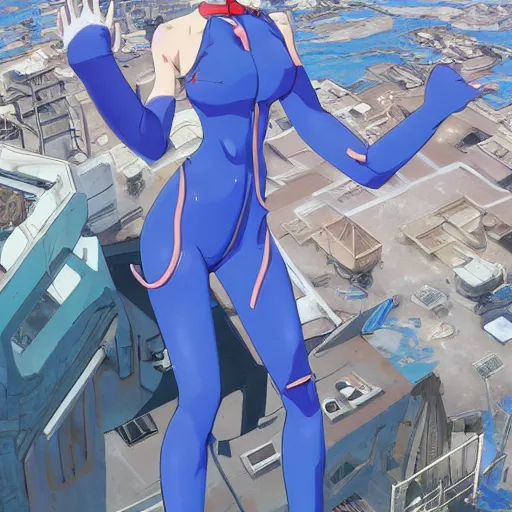 Image similar to anime art, anime fullbody shot of female rei ayanami, long blue hair and large eyes, finely detailed perfect face, in a modern skintight plugsuit, laying on a rooftop, flooded metropolis in ruins, red sea, trending on pixiv fanbox, evangelion, extremely high quality artwork by ilya kuvshinov