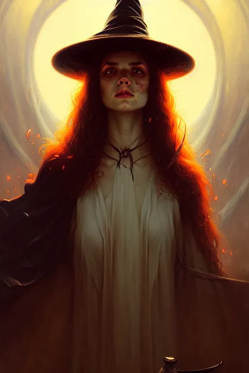 Image similar to young attractive witch portrait by anna podedworna, greg rutkowski, gaston bussiere, simon bisley