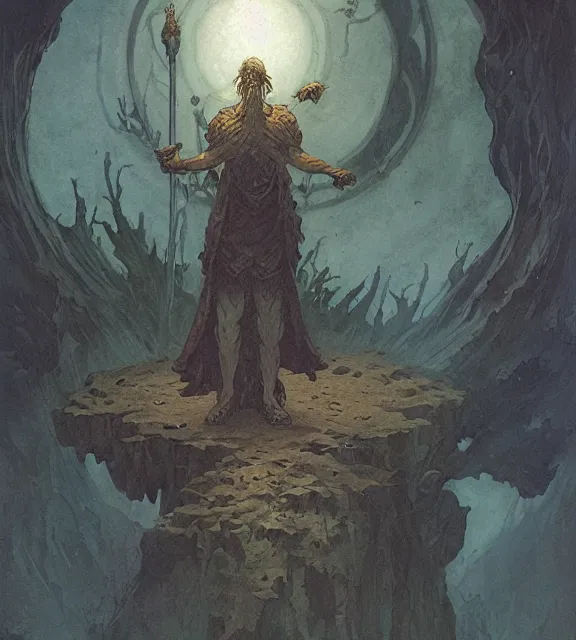 Image similar to a druid standing in a circle at the beginning of the world by alan lee and peter mohrbacher and frank frazetta and mike mignola