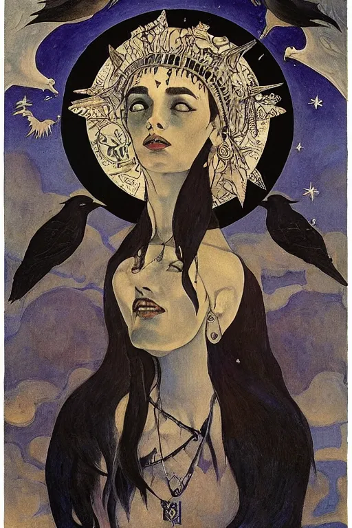Image similar to punk queen of the crows with stars in her hair by Nicholas Roerich and Annie Swynnerton and Diego Rivera and jean delville and Carl Larsson, dramatic cinematic lighting , silver jewelry, ornate headdress, sacred artifacts, lost civilizations, smooth, sharp focus, extremely detailed