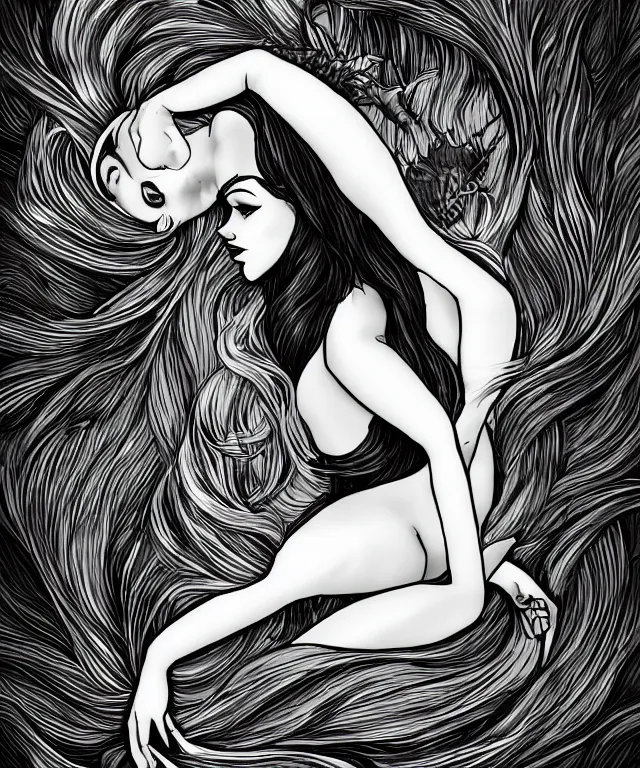 Prompt: black and white illustration, creative design, dark fantasy, concept art, beautiful mermaid, full body, swimming in ocean, fish tail bikini top flowing hair
