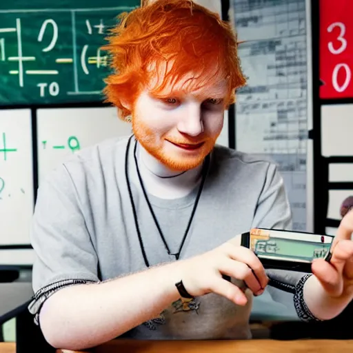 Prompt: ed sheeran doing math on a calculator in a maths classroom, ultrarealistic