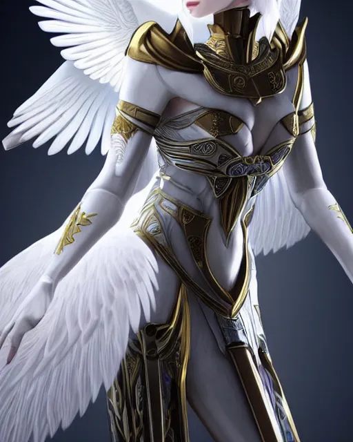 Image similar to perfect ornate white haired attractive egyptian goddess with huge white dove wings, warframe armor, beautiful, symmetric, dreamy, half asian, pretty face, blue eyes, detailed, scifi platform, laboratory, experiment, 4 k, ultra realistic, epic lighting, android body, illuminated, cinematic, masterpiece, art by akihito tsukushi, voidstar