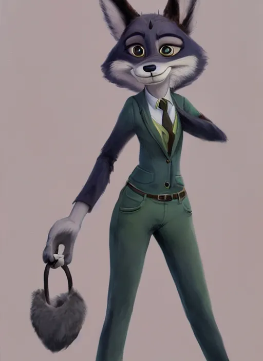 Image similar to oil painting of detailed full body of anthromorphic female wolf, in style of zootopia, zootopia, zootopia, fursona, furry, furaffinity, 4 k, deviantart, furry art, fursona art, wearing black business suit, business suit, in style of zootopia, wolf fursona, cyberpunk, female, expressive detailed feminine face,