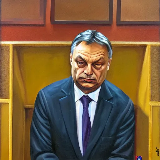 Prompt: viktor orban meditating in a cubicle, oil painting