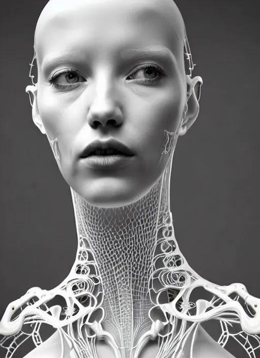 Image similar to dreamy soft luminous bw 3 d octane render, beautiful spiritual angelic biomechanical albino girl cyborg with a porcelain profile face, very long neck, rim light, big leaves and stems, roots, fine foliage lace, alexander mcqueen, art nouveau fashion embroidered collar, steampunk, silver filigree details, hexagonal mesh wire, mandelbrot fractal, elegant