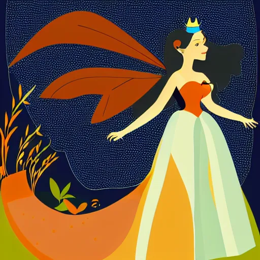 Image similar to modern vector art illustration of a fairy tale princess in navy and burnt orange hues