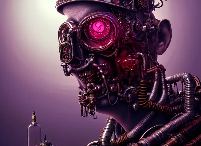 Prompt: an intricately detailed ultra - realistic unreal engine 5 rendering of a portrait of steampunk cyberpunk neon - bordered cyborg zombie frankenstein, concept art, intricate details, eerie, highly detailed, photorealistic, octane render, 8 k uhd art by kilian eng