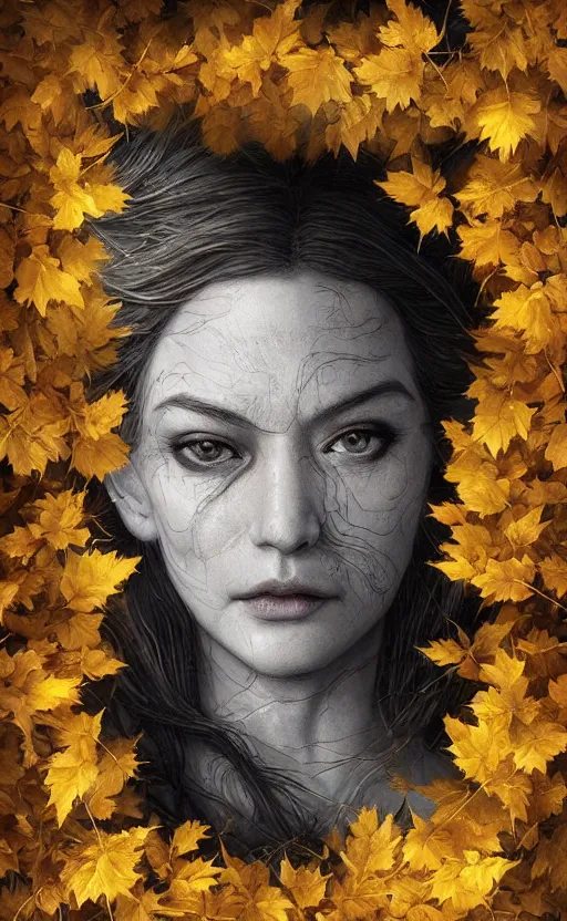 Image similar to golden leaves at frame border, creative!!! composition for a book cover!!!, absurdly beautiful, ultrafine hyperrealistic detailed old witch face by wlop and artgerm and greg rutkowski, intricate linework, sharp focus, smooth, octopath traveler, final fantasy, unreal engine, dramatic lighting, ethereal, 8 k