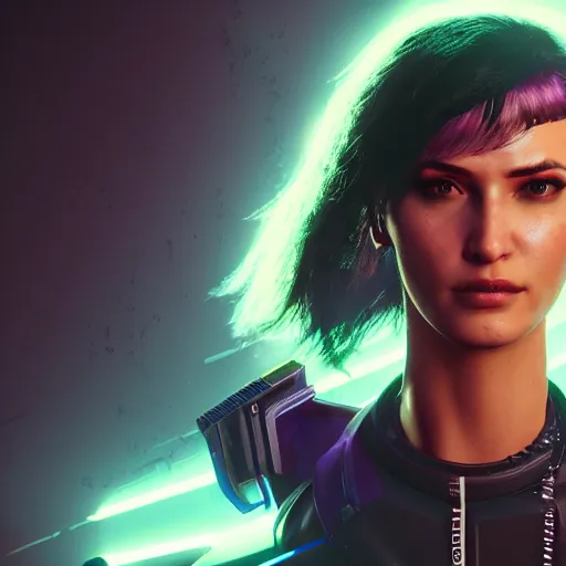 Image similar to headshot of female V from cyberpunk 2077 wearing thick steel choker around neck, 4K, detailed face, collar on neck, realistic, artstation, neon,