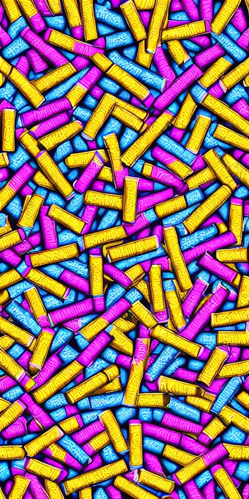 Prompt: seamless pattern of cigarettes, colourful, symmetrical, repeating 35mm photography