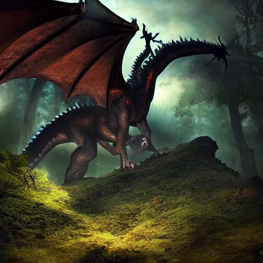 Image similar to “realistic detailed high fantasy, dragon shadow over forest, 4K”