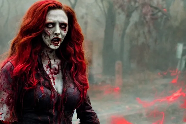 Prompt: film still of zombie zombie Scarlet Witch as a zombie in new avengers movie, 4k