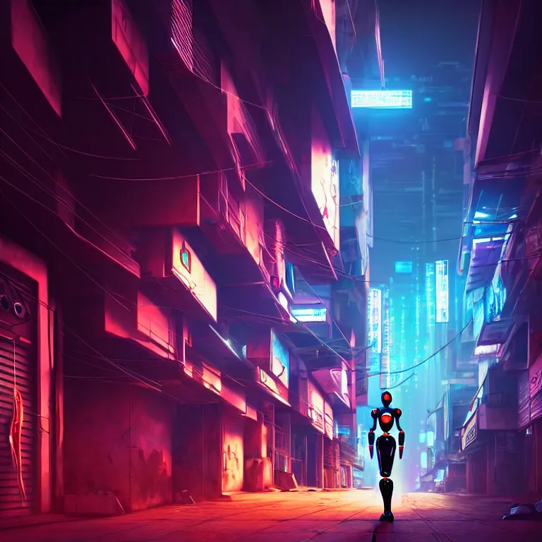 Prompt: a cyberpunk robot - girl stands in a cyberpunk cambodian street, at night, cinematic lighting, very detailed, style by tomino - sama