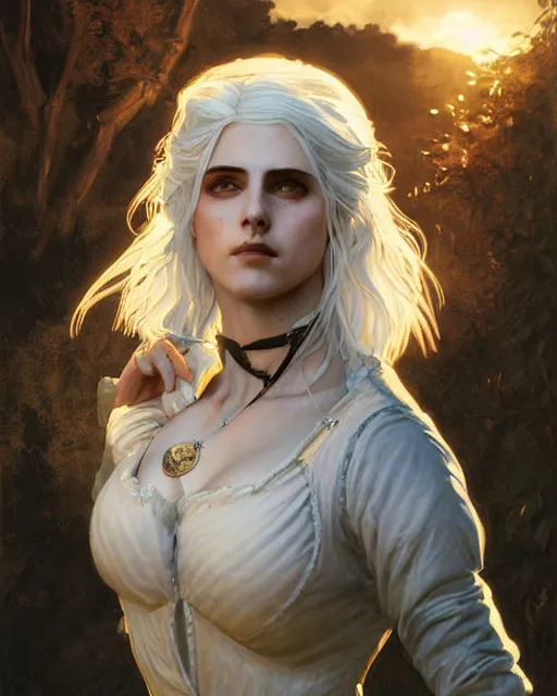 Image similar to Pre-Raphaelite Ciri from Witcher 3 by Artgerm and Greg Rutkowski, sunrise, backlit, wearing haute couture by schiaparelli, sharp focus, sun rays, full body, intricate, elegant, highly detailed, digital painting, pale