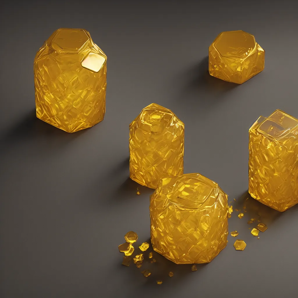 Image similar to hexagonal basalt inspired honey jar, golden glistening, light bloom, octane render, product photography, studio photography, sharp high contrast