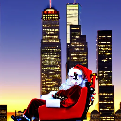 Prompt: santa claus in a sleigh with reindeers in front of world trade center's 5 0 th floor with a beautiful sunset in the background