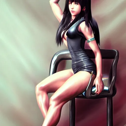 Image similar to 8K photorealistic Portrait of Tifa Lockhart sitting on a chair, intricate upper body, whole body, highly detailed, digital painting, artstation, concept art, smooth, sharp focus, illustration, art by Hajime Sorayama