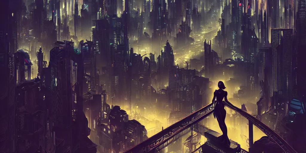 Image similar to silhouette of a woman standing on a bridge overlooking an axonometric cyberpunk city, by Rolf Armstrong and Evelyn De Morgan and Bastien Lecouffe-Deharme, dramatic lighting, high contrast colors, baroque, empyrean, panoramic view, as trending on Artstation, highly detailed, cryengine,