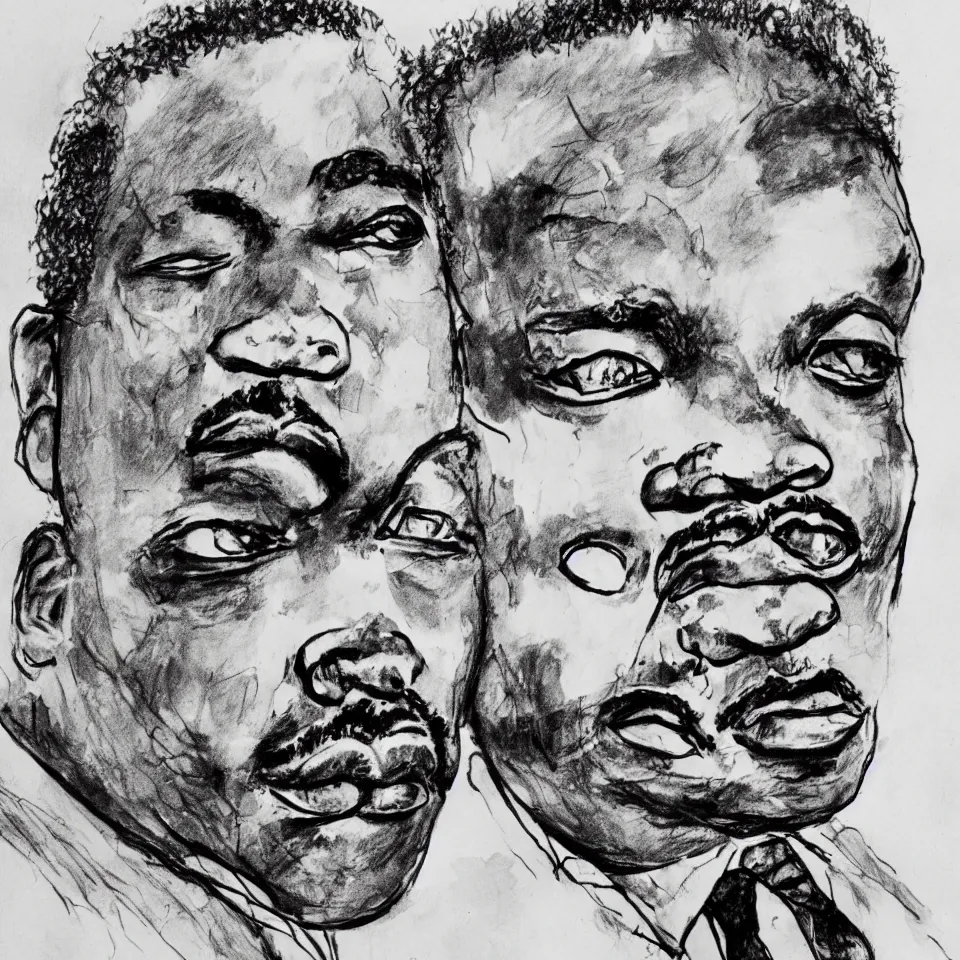 Image similar to A loose messy wild ink sketch portrait of Martin Luther King in the style of Ralph Steadman and Paul Klee, caricature, dramatic