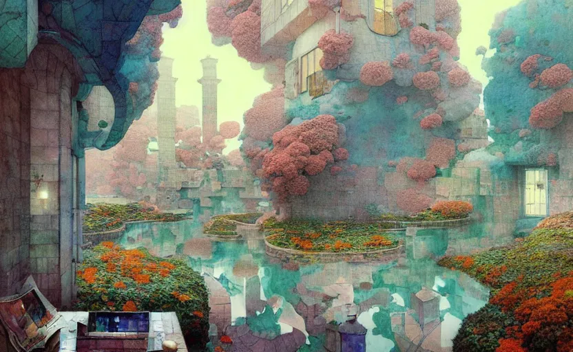 Prompt: tiled room squared waterway, fantasy. intricate, amazing composition, colorful watercolor, by ruan jia, by maxfield parrish, by marc simonetti, by hikari shimoda, by robert hubert, by zhang kechun, illustration, gloomy