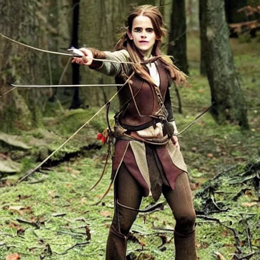 Prompt: emma watson as a wood elf, hunting with a bow