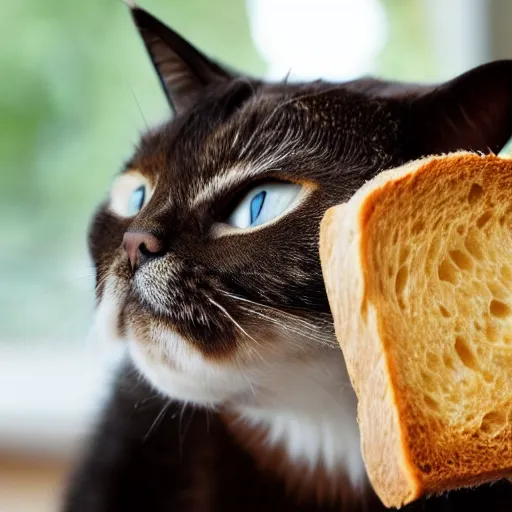 Prompt: photo of a cat, with a slice of buttered toast on its back