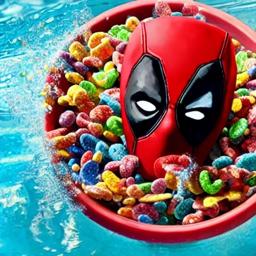 Image similar to Deadpool at home swimming in a bathtub full of fruity pebbles cereal