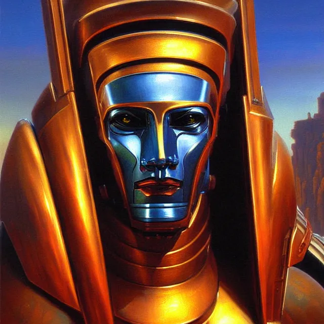 Prompt: a beautiful painting cyberpunk robot king of egypt face, by boris vallejo realistic oil painting