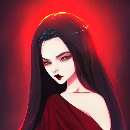 Image similar to a portrait of a very beautiful vampire woman with black hair and pale skin, red eyes, wearing a black and red cloak, nightime village background, anime key visual, dramatic lighting, 4k resolution, illustration, concept art, lois van baarle, ilya kuvshinov, rossdraws, artstation