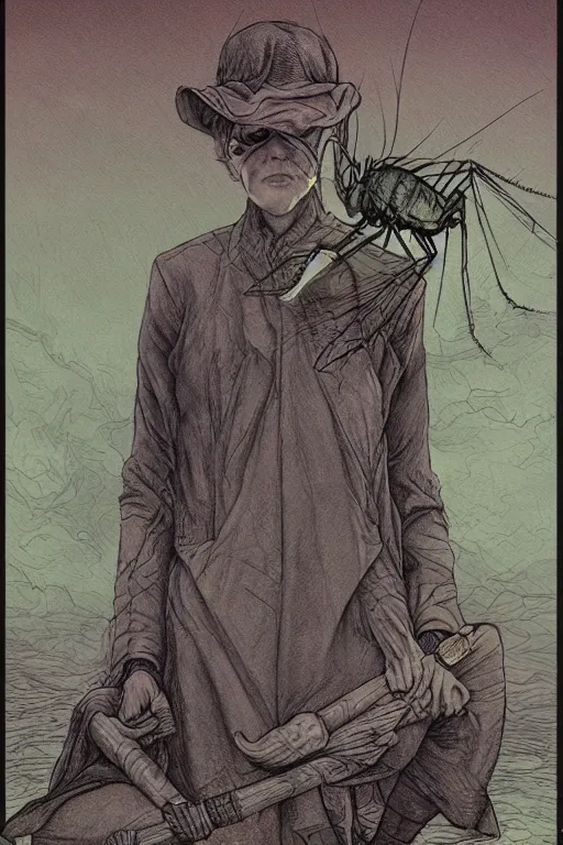 Prompt: cry mosquito healer , in the style of Greg Broadmore and Arthur Rackham and Moebius,trending on artstation, light lighting side view,digital art,surrealism ,macro,blueprint ,vaporwave ,