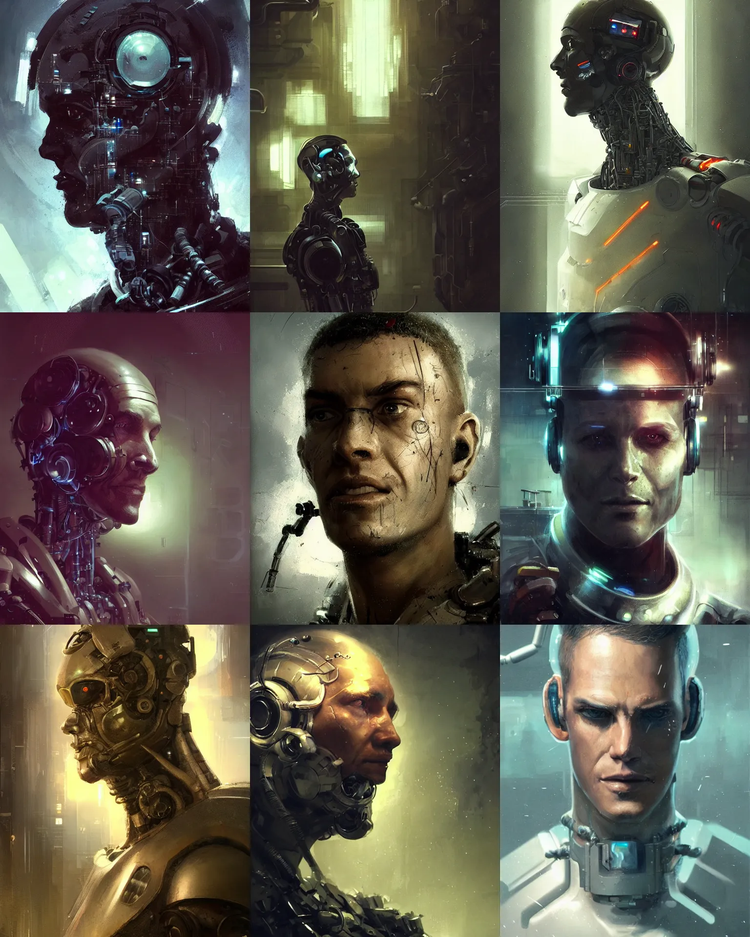 Prompt: a laboratory technician man with cybernetic enhancements seen from a distance, scifi character portrait by greg rutkowski, craig mullins, 1 / 4 headshot, cinematic lighting, dystopian scifi outfit, profile picture, mechanical, cyborg, half robot