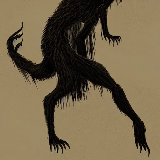 Prompt: tall bipedal creature in the darkness, long claws, large long pointy teeth, drooling, hunched over, dark cavern, no light, highly intricate, detailed, 8 k