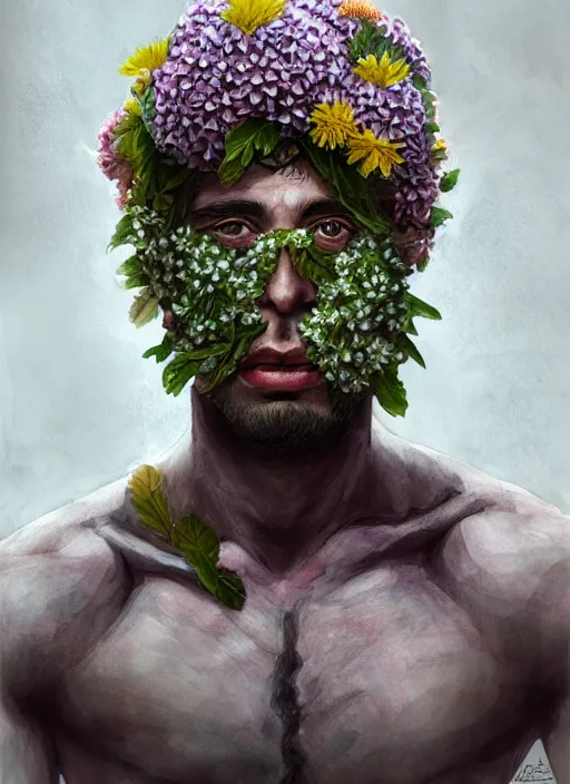 Image similar to handmade character portrait of a serious american soldier man, flowers growing on his face and body, amaratyllis, hydrangea, chrysanthemum, hyacinth, in the style of artgerm and enki bilal and bastien lecouffe - deharme, wlop, line art, watercolor, cinematic lighting, hyperdetailed, hyperrealistic