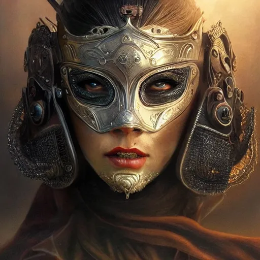 Prompt: Very very very very highly detailed epic photo of face with venetian mask, intricate, dystopian, sci-fi, extremely detailed, digital painting, artstation, concept art, smooth, sharp focus, illustration, intimidating lighting, incredible art by Artgerm and Brom and Vincent di Fate