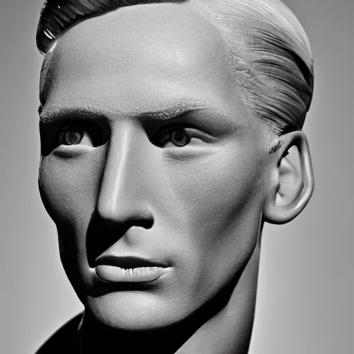 Prompt: a close - up photography of a blond male! actor from the 1 9 3 0 s. high cheekbones. good bone structure. dressed in 1 9 4 0 s style. butterfly lightning. key light sculpting the cheekbones. by picasso.