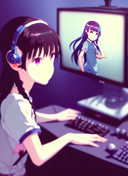 Image similar to a film still polaroid portrait of a young gamersgirl at a gaming pc, detailed features, perfect art, busy room, hd, gapmoe yandere, trending on pixiv fanbox, focussed painted by ilya kushinov makoto shinkai takashi takeuchi studio ghibli, akihiko yoshida, sachin teng, huang guangjian, artstation