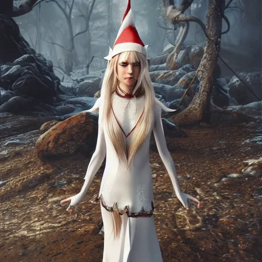 Image similar to a highly detailed elf in full length, with white long hair, white clothes, bright blue eyes, artstation, DeviantArt, professional, octane render