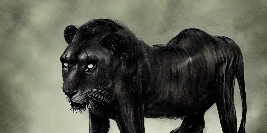 Image similar to a black lioness, made of smooth black goo, prowling through the forest, viscous, sticky, full of tar, covered with black goo. concept art, painting, animal drawing, color, savanna, wildlife photography, black goo, cinematic, in the style of cory loftis