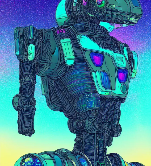 Prompt: a portrait of a mecha dragon in a iridescent intricate spacesuit, digital art, 4 k, synthwave color palette, galactic background, vintage sci - fi soft grainy, inspired moebius, inspired by tim white, in the style of studio ghibli