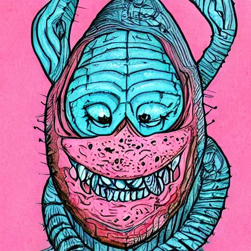Image similar to crying wobbly eyes mouth pink ice cream, blue waffle cone, jester themed, intricate concept art, thick line drawing, 1 9 8 3 horror painted book cover art
