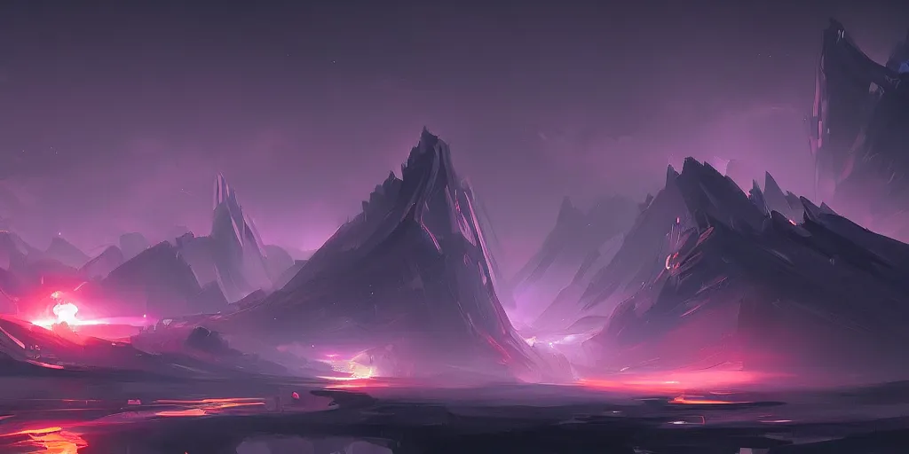 Prompt: Sci-Fi dark high contrast nighttime colorful wallpaper of a beautiful landscape art by Bayard Wu, digital art, trending on artstation, 4k, high detail, no noise