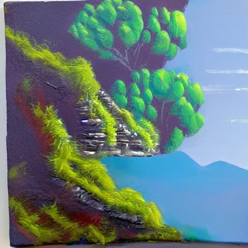 Prompt: rough acrylic painting of a lush natural scene on an alien planet by darien bogart. beautiful landscape. weird vegetation. cliffs and water.