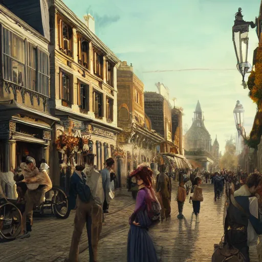 Prompt: street of victorian city, happy, a lot of people, realistic, 8 k, detailed, concept art, trending on artstation