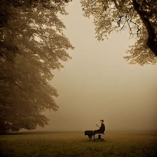 Image similar to an impressively euphoric 1 8 0 0 s romanticism - inspired photograph depicting a man playing a piano underneath a foggy tree line at dawn inspired by liberty leading the people