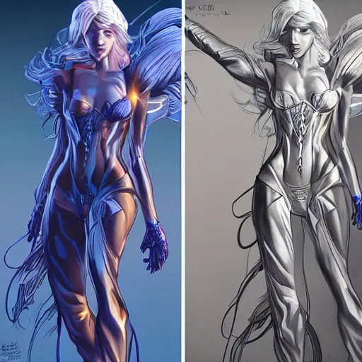 Image similar to comic art, a gorgeous beautiful female with white hair long legs standing at a dimensional gateway,full character design,8k,art by Stanley Artgermm,Travis Charest,trending on Artstation,face enhance,hyper detailed,full of colour,cinematic,dynamic lighting