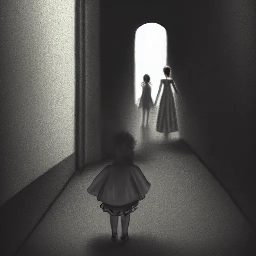 Prompt: Tall scary woman dressed in white dress grabbing a scared child wearing from behind in a dark alley, scary atmosphere,gloomy lighting, digital art , highly detailed , high contrast, beautiful lighting, award winning , trending on art station, 8k, photo realistic